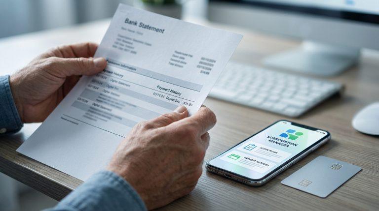 Mains tenant un relevé bancaire affichant une transaction « Digital Svc », à côté d'un smartphone avec une appli de gestion d'abonnements et une carte bancaire.