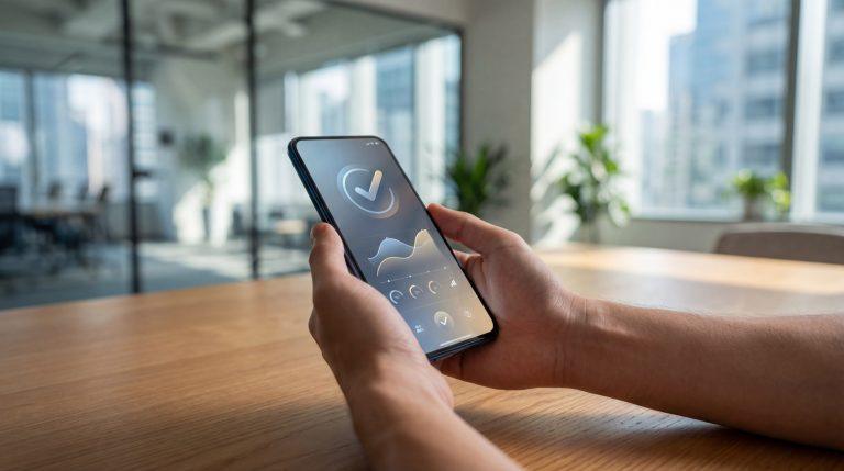 Mains tenant un smartphone affichant une application bancaire avec coche de confirmation et graphiques, dans un bureau moderne.