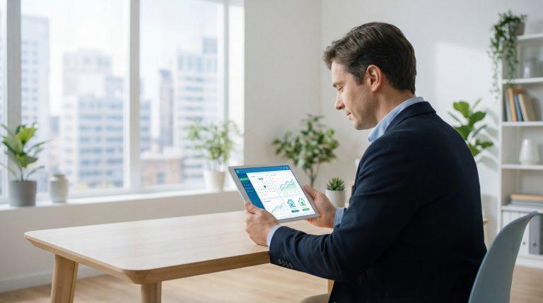 Homme en costume concentré sur une tablette affichant des graphiques financiers et icônes immobilières, en bureau moderne.
