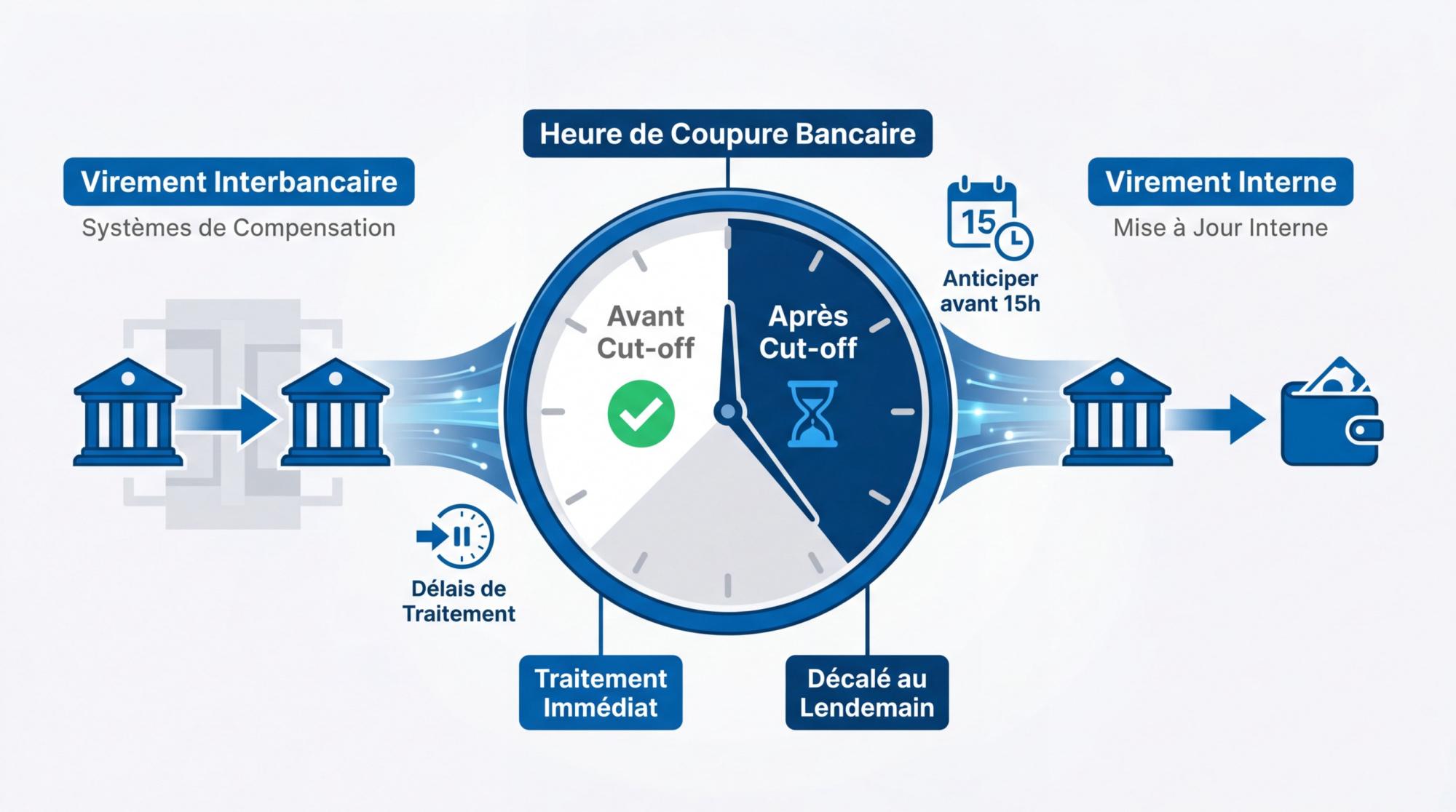 Horloge symbolisant l'heure de coupure bancaire pour les virements