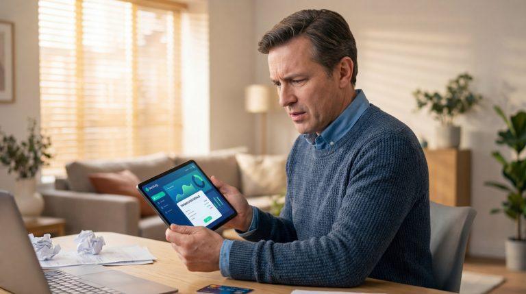 Un homme d'âge moyen, les sourcils froncés, examine un écran de tablette affichant des données financières et un virement.