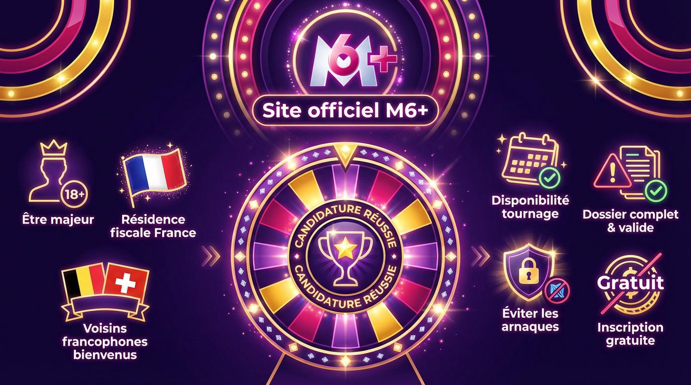 Infographie des conditions d'éligibilité et étapes d'inscription au casting de la Roue de la Fortune M6