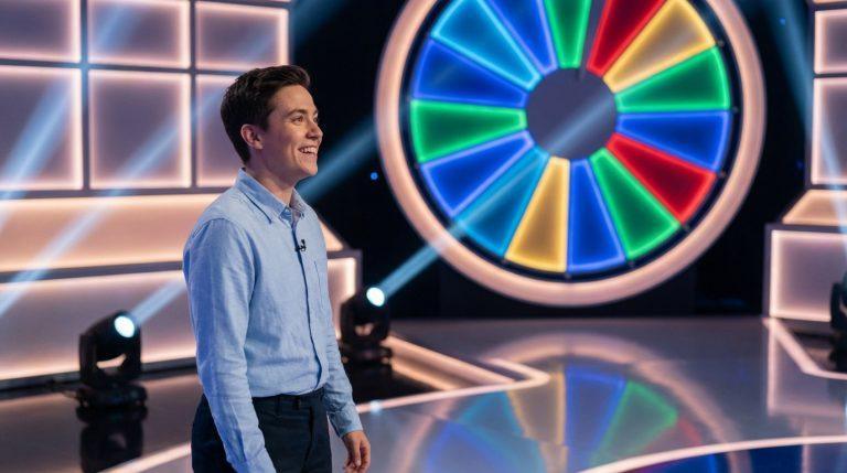 Un jeune homme souriant en chemise bleue sur un plateau de jeu télévisé, face à une grande roue colorée illuminée.