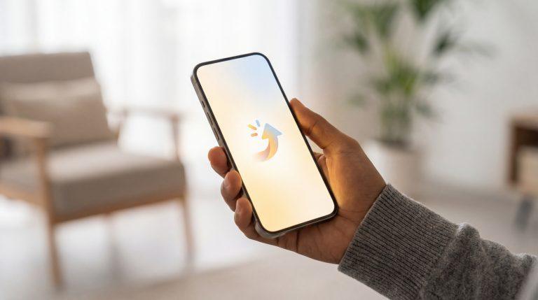 Main tenant un smartphone avec le logo d'une flèche montante et des rayons lumineux. Contexte intérieur flou.