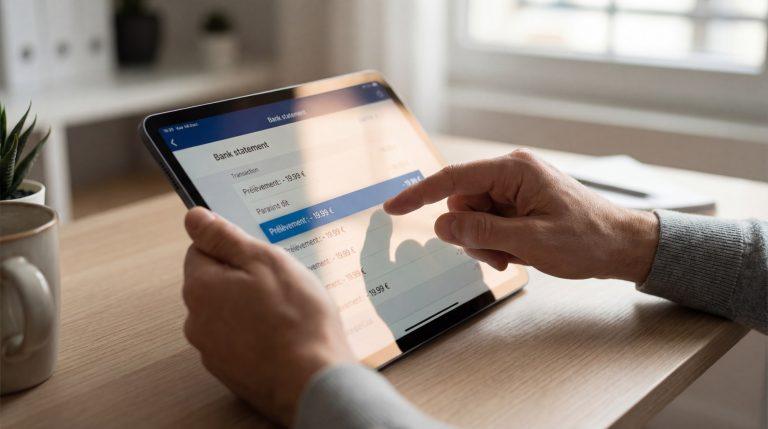 Mains tenant une tablette affichant un relevé bancaire numérique avec des prélèvements. Un doigt pointe une transaction de 19,99 €.