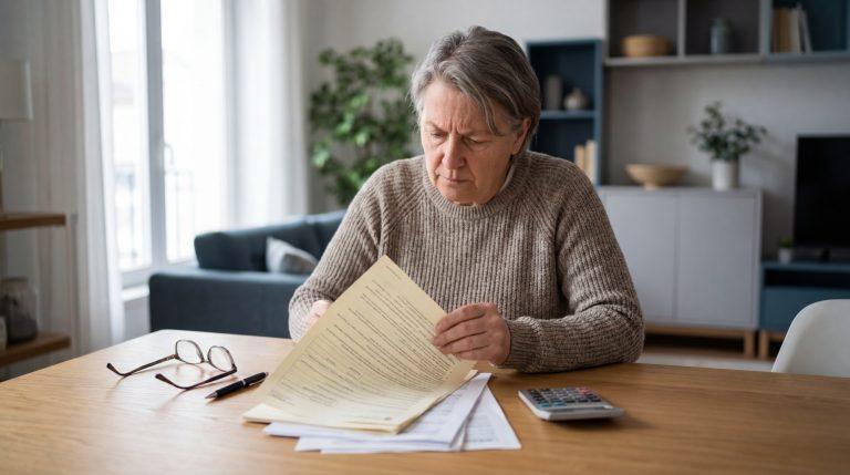 Femme âgée aux cheveux gris, assise à une table, lisant des papiers importants avec un air concentré et des sourcils froncés.