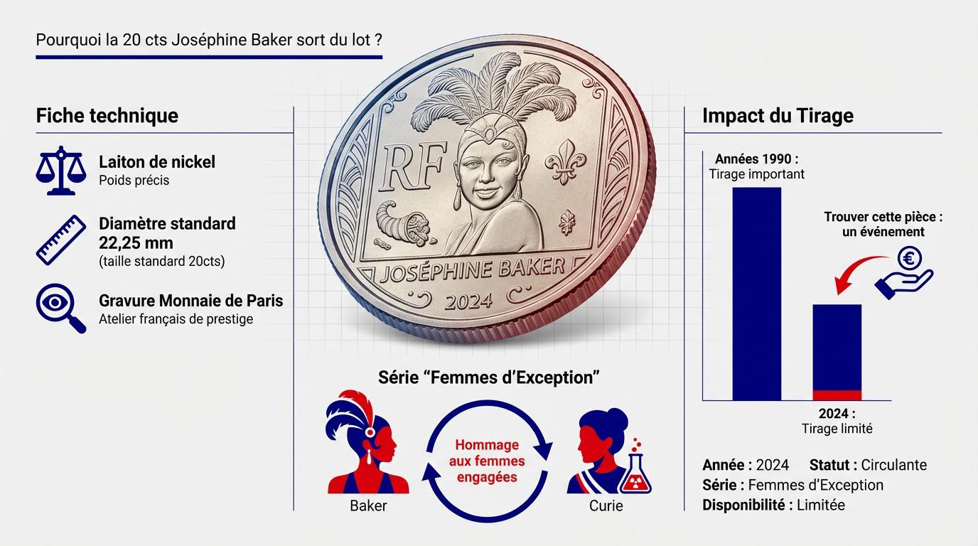 Gros plan sur la pièce de 20 centimes d'euro Joséphine Baker montrant les détails de la gravure