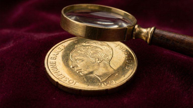 Gros plan sur une pièce dorée à l'effigie de Joséphine Baker sous une loupe sur fond de velours rouge foncé.