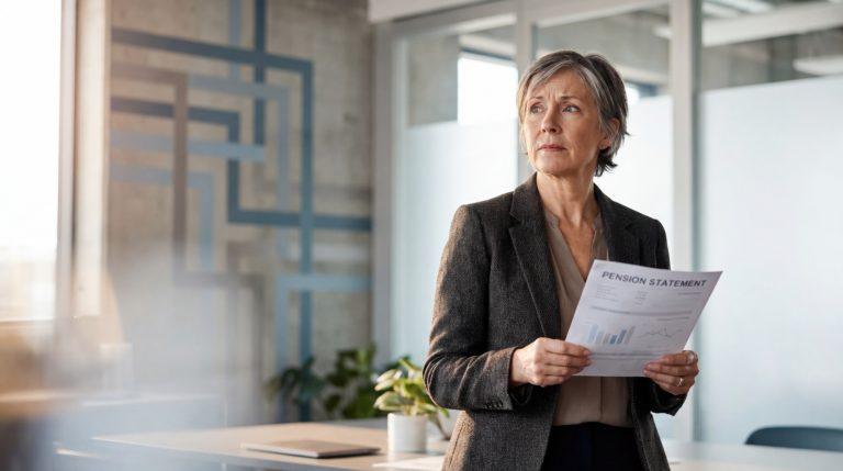 Femme senior pensive en tenue de travail, tenant un relevé de pension, dans un bureau moderne.