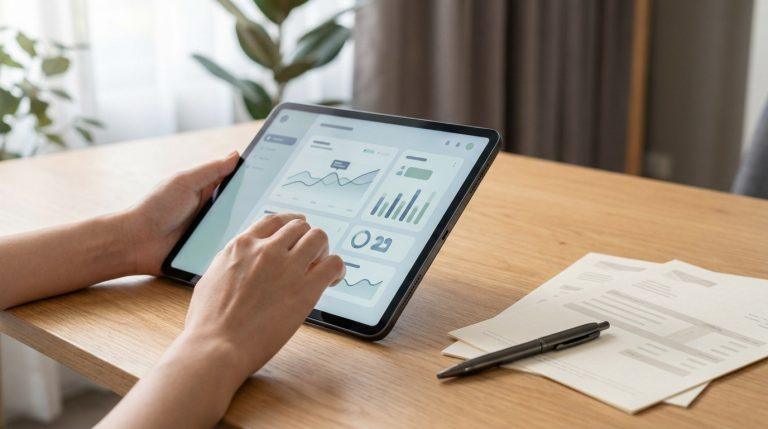 Personne utilisant une tablette affichant des graphiques de données financières sur un bureau en bois.