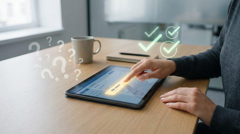 Intérêt compte adel : comprendre ce libellé bancaire Une personne consulte une tablette affichant « ADEL Interest », entourée d'icônes de points d'interrogation et de coches.