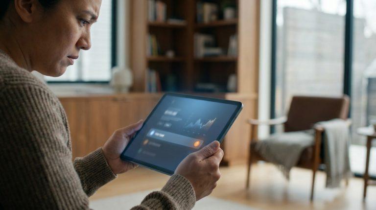 Une personne consulte des données financières sur une tablette dans un salon.