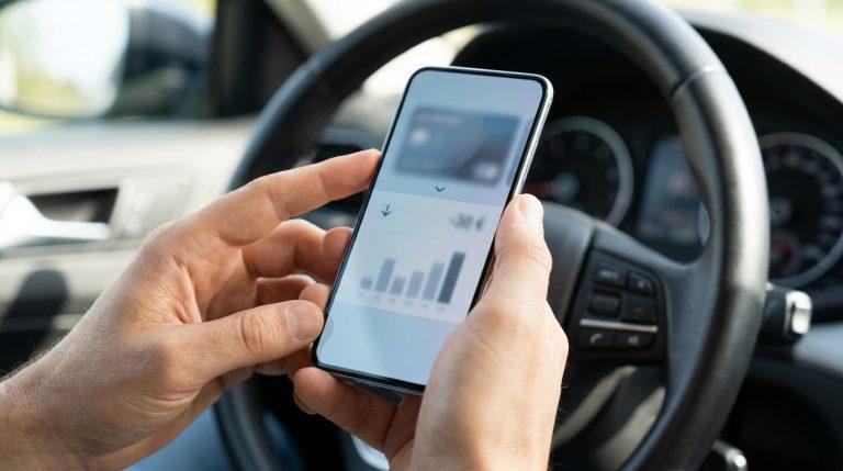 SGS Automotive : pourquoi un prélèvement de 30 euros ? Mains d'un conducteur tenant un smartphone affichant une transaction bancaire de -30 euros dans une voiture.