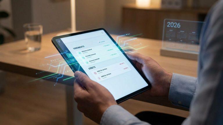 Tout comprendre sur le virement LBC France SAS en 2026 Personne consultant une interface de gestion bancaire numérique sur une tablette avec des données holographiques en 2026.