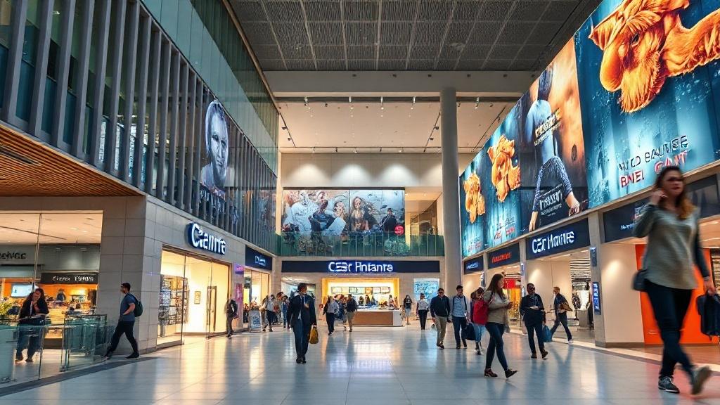 Façade d'un grand centre commercial animé en journée
