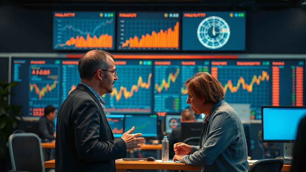 Traders en discussion devant un tableau de données financières