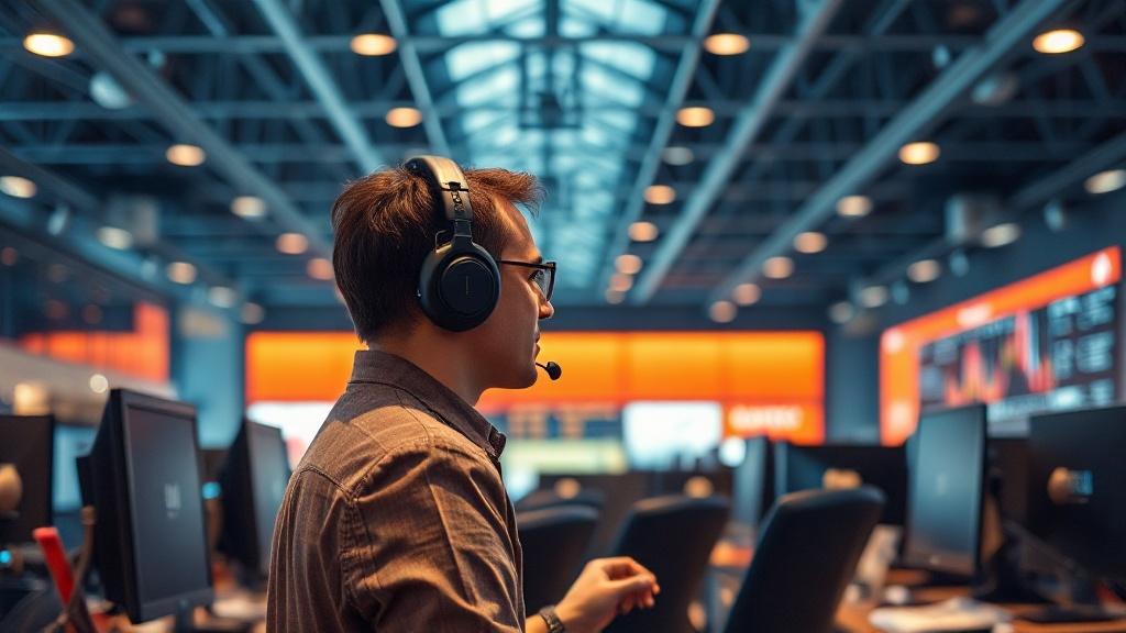 Un employé de centre d'appels équipé d'un casque audio dans un open space lumineux